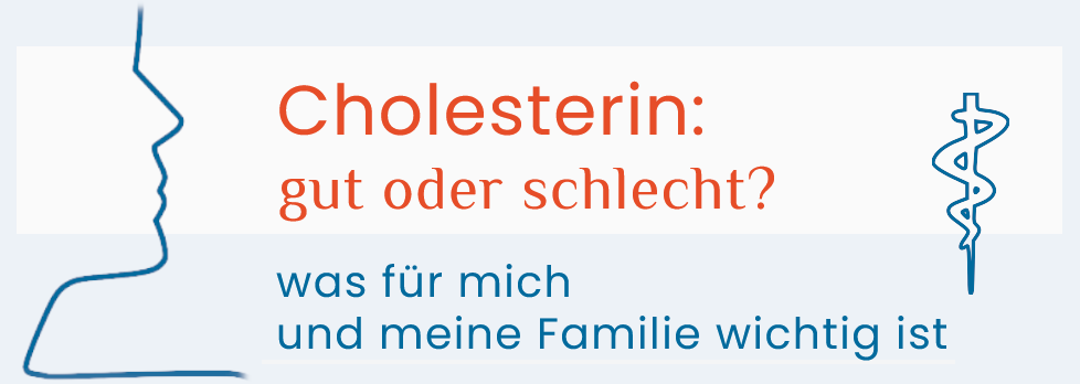 Illustration, Gesicht mit Blickrichtung zur Überschrift, Cholesterin, gut oder schlecht? Was für mich und meine Familie wichtig ist