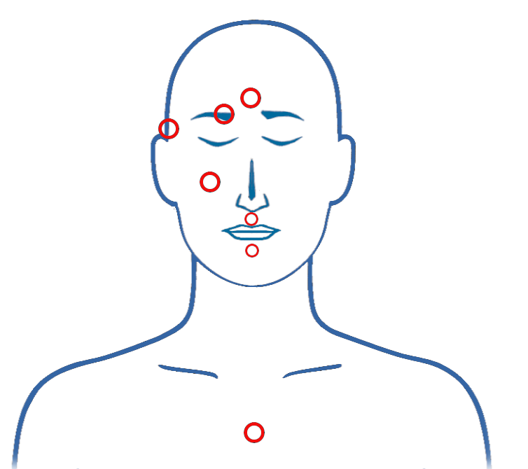 Klopfpunkte_Kopf Illustration, Kopf und Oberkörper einer Figur mit eingezeichneten Akupunkturpunkten