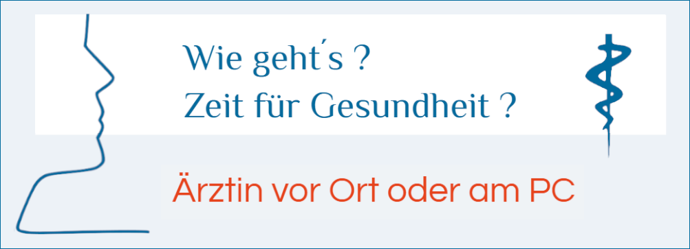 Ärztin vor Ort oder am PC Illustration, freundliche Einladung, Wie gehts? Zeit für Gesundheit? Äskulapstab mit Ankündigung, Ärztin vor Ort oder am PC